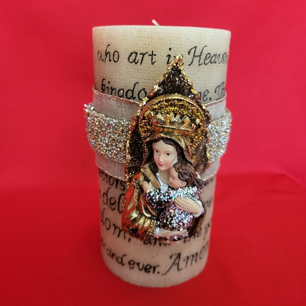 Unscented Candle Mary and Jesus Accent Our Father Engraved